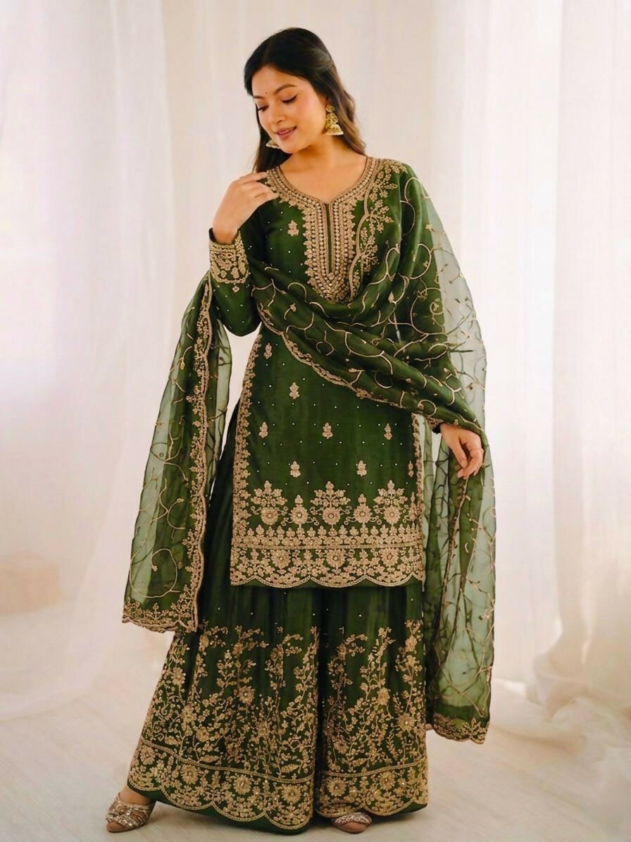 Teeya Creation Green Color Gymmi Silk Embroidery Work Wedding Wear Sharara Set