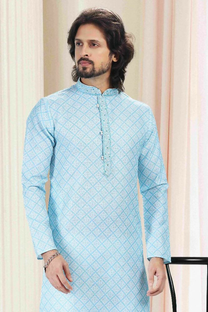 Raivat Ethnic Cotton Thread Work Kurta Pajama In Sky Blue Colour