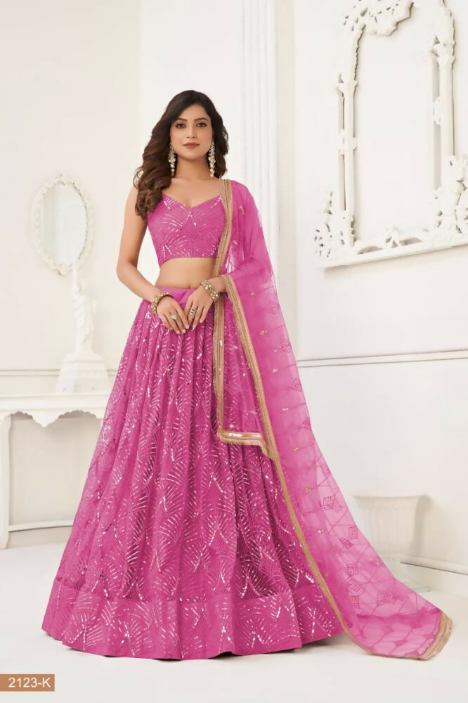 Aastha Fashion Pink Butterfly Net Tone To Tone Thread Work, Sequence Work And Original Mirror Work Embroidery Wedding Wear Lehenga Choli