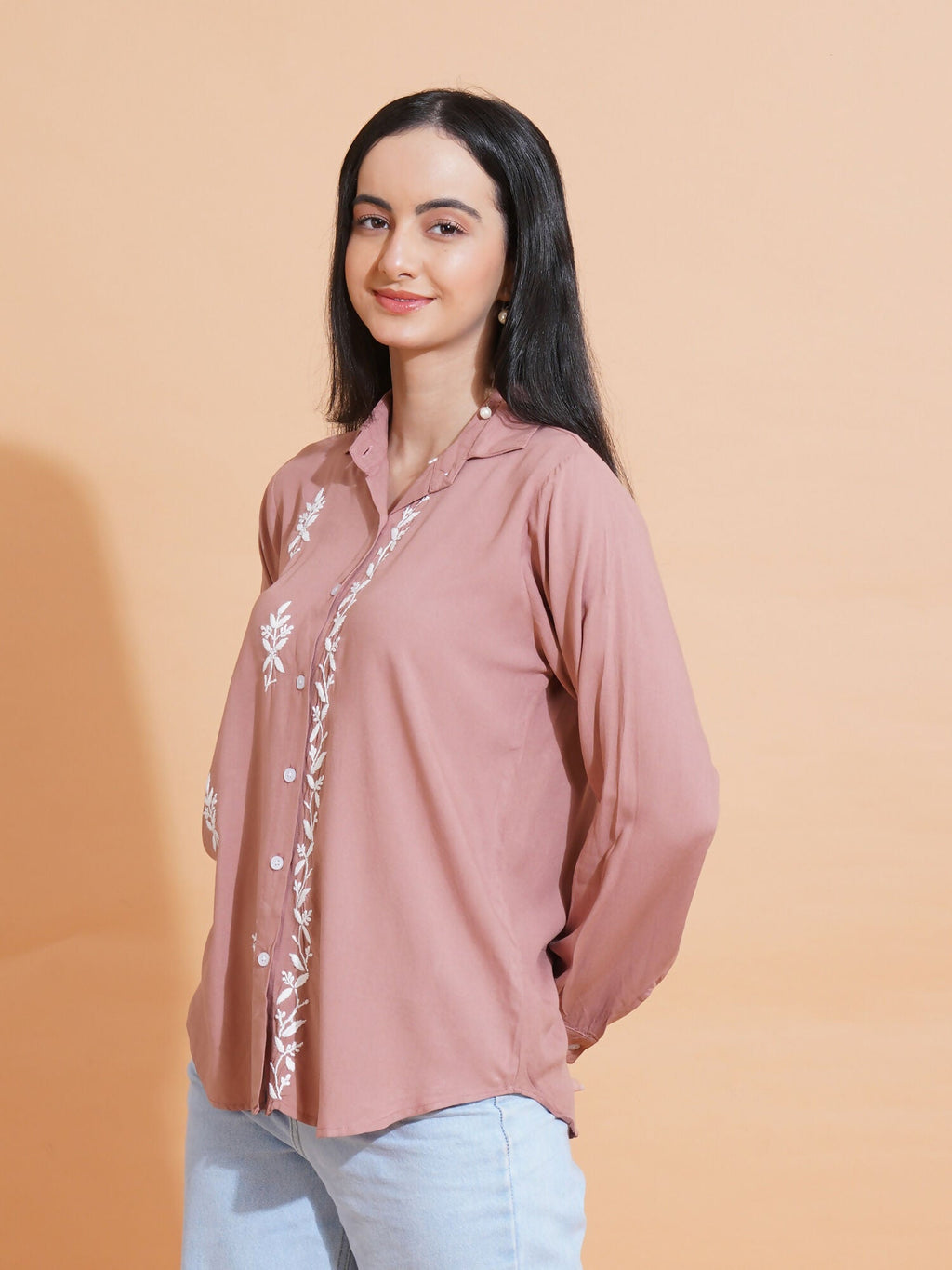 Pahnaz Modal Chikankari Handwork Shirt-Brown