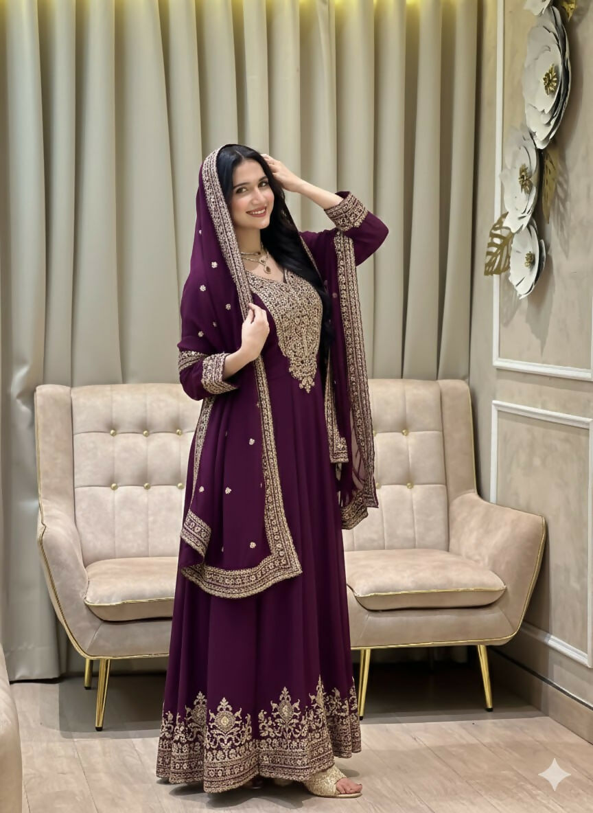 Teeya Creation Wine Color Faux Georgette Embroidery Work Long Party Wear Gown