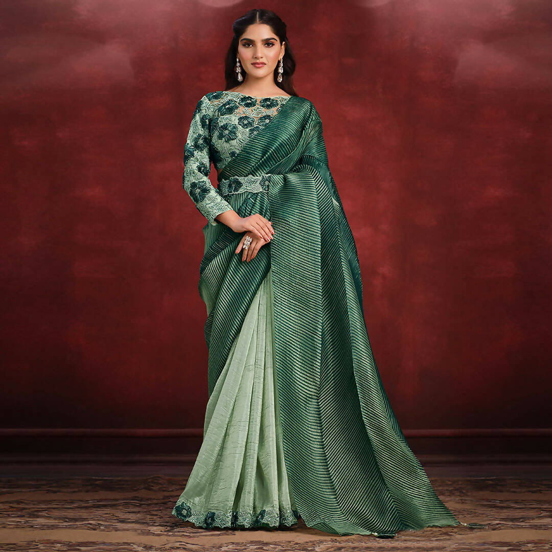 Sea Green Banarasi Crush Silk Sequence Thread & Stone Work/ Texture Pallu Saree - Mohmanthan Kimiya