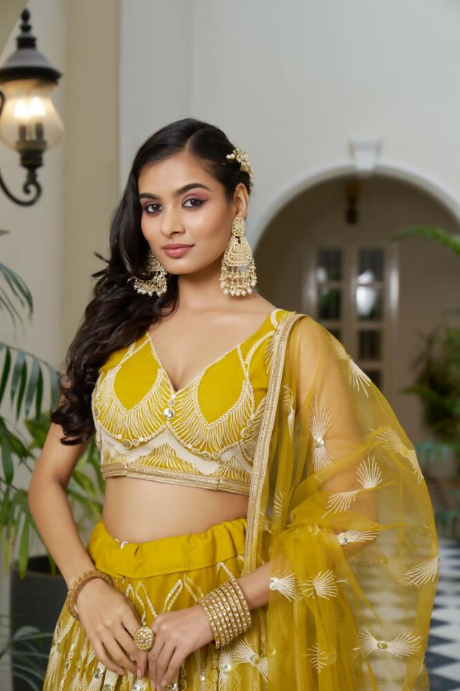 Aastha Fashion Mustard Yellow Butterfly Net White Cotton Thread Work And Sequence Work Embroidery Wedding Wear Lehenga Choli