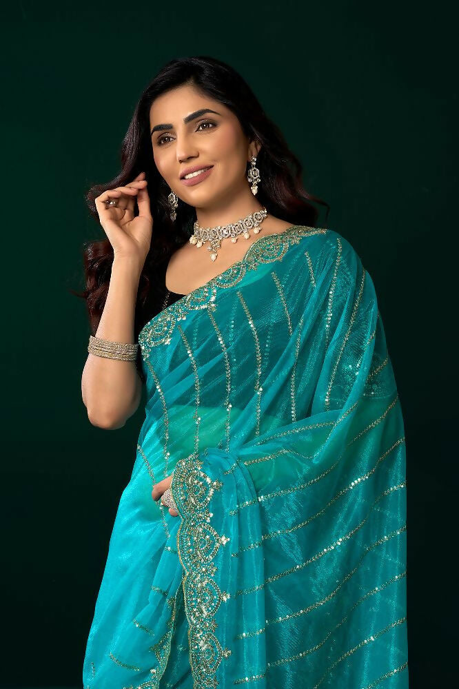 Joban Fashion Turquoise Blue Net Party Wear Sarees