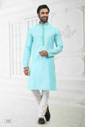 Raivat Ethnic Linen Cotton Thread Work Kurta Pajama In Sky Blue Colour