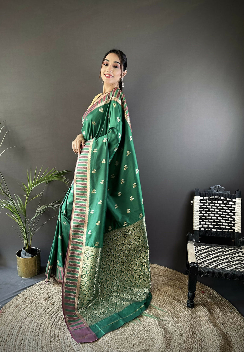 Joban Fashion Green Woven Zari Motifs Lichi Silk Banarasi Silk Saree