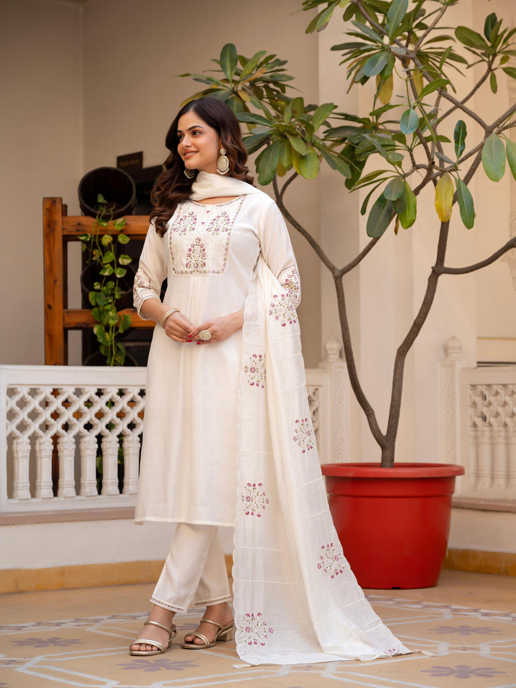 Pramukh Fab White Color Viscose Mango Silk Kurta Set