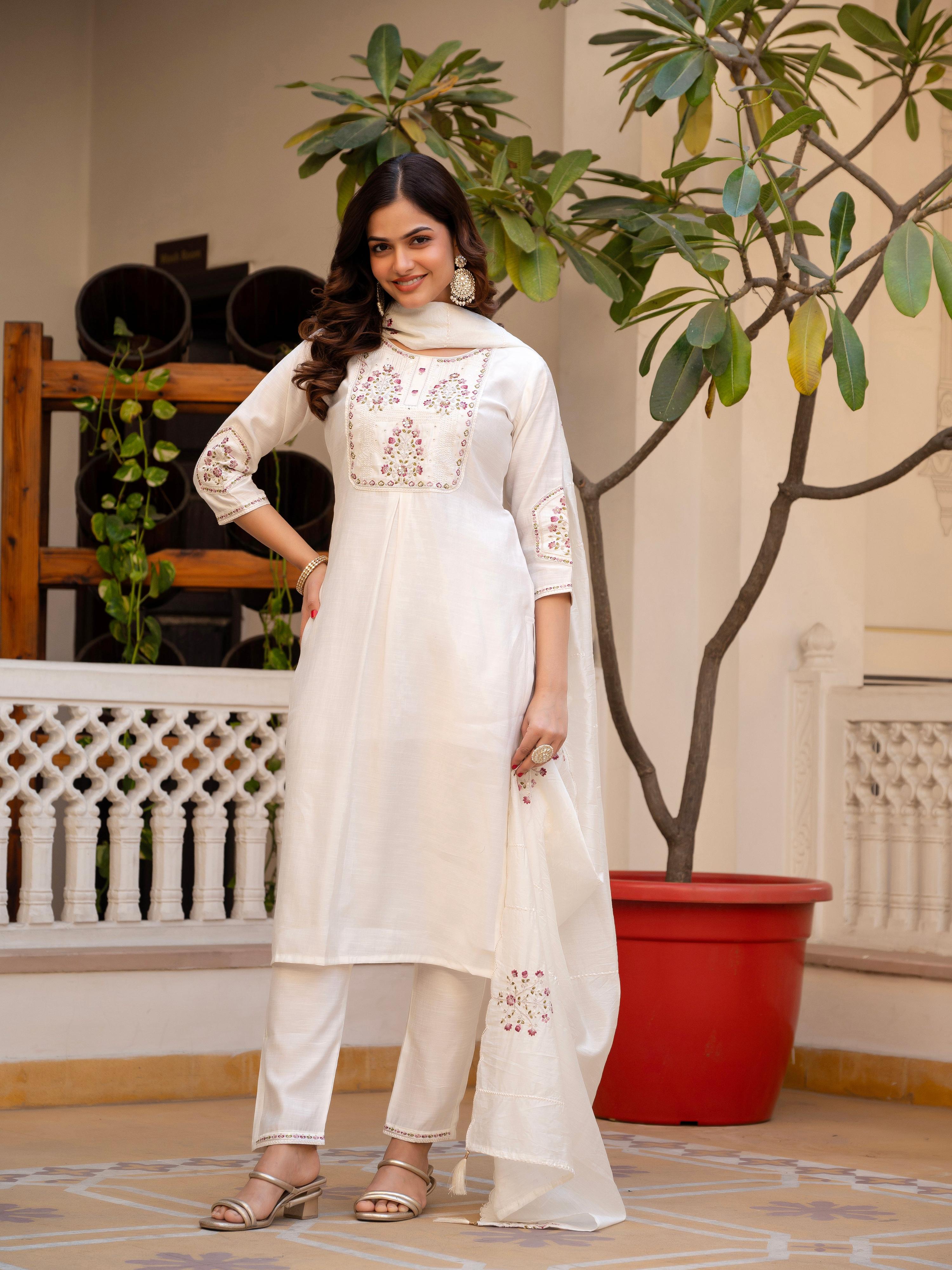Pramukh Fab White Color Viscose Mango Silk Kurta Set