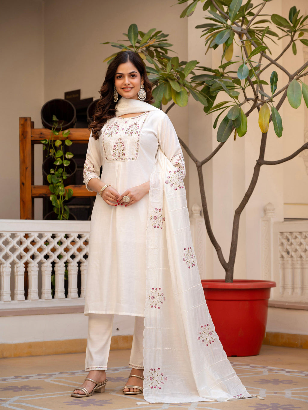 Pramukh Fab White Color Viscose Mango Silk Kurta Set