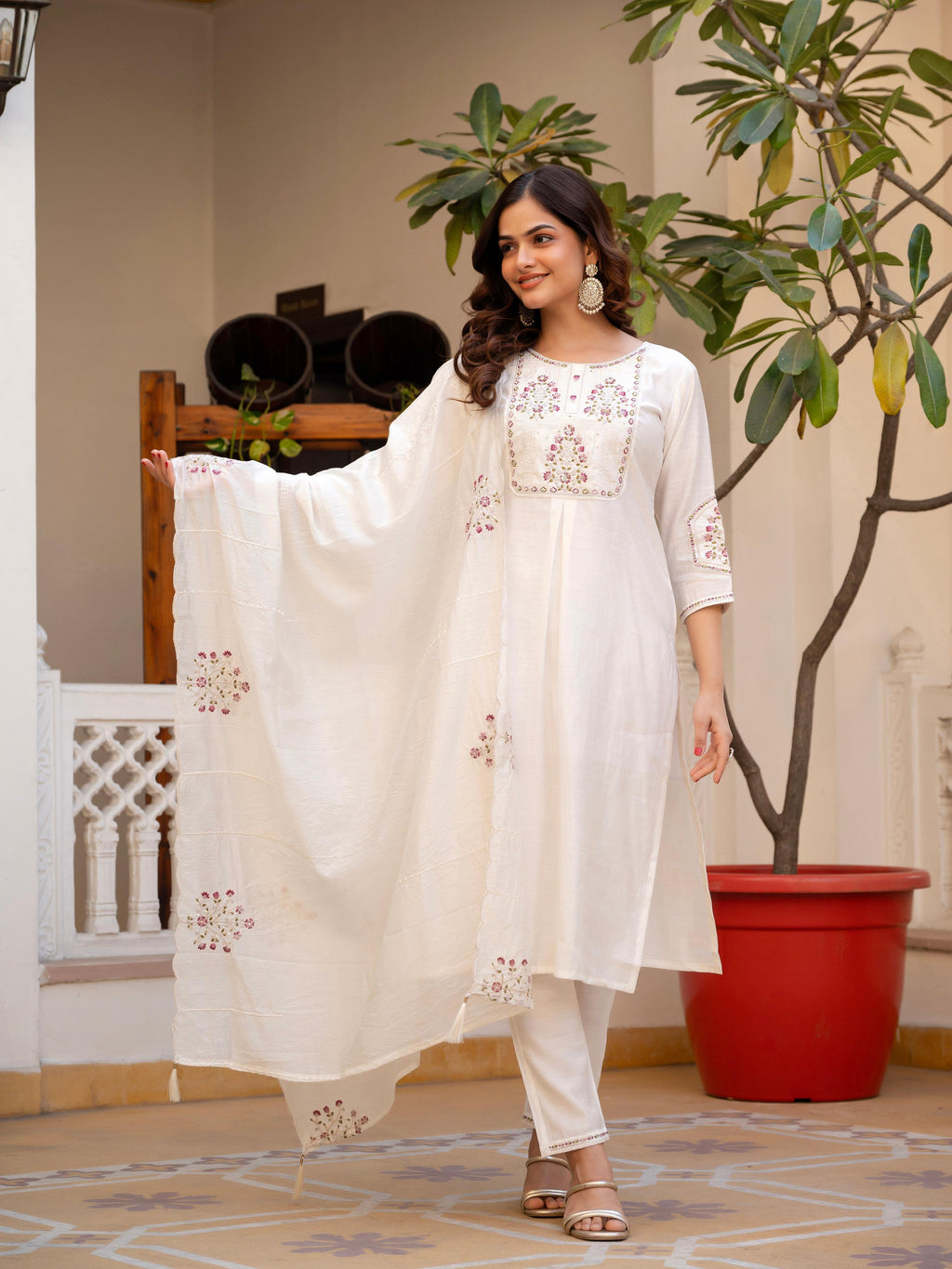 Pramukh Fab White Color Viscose Mango Silk Kurta Set