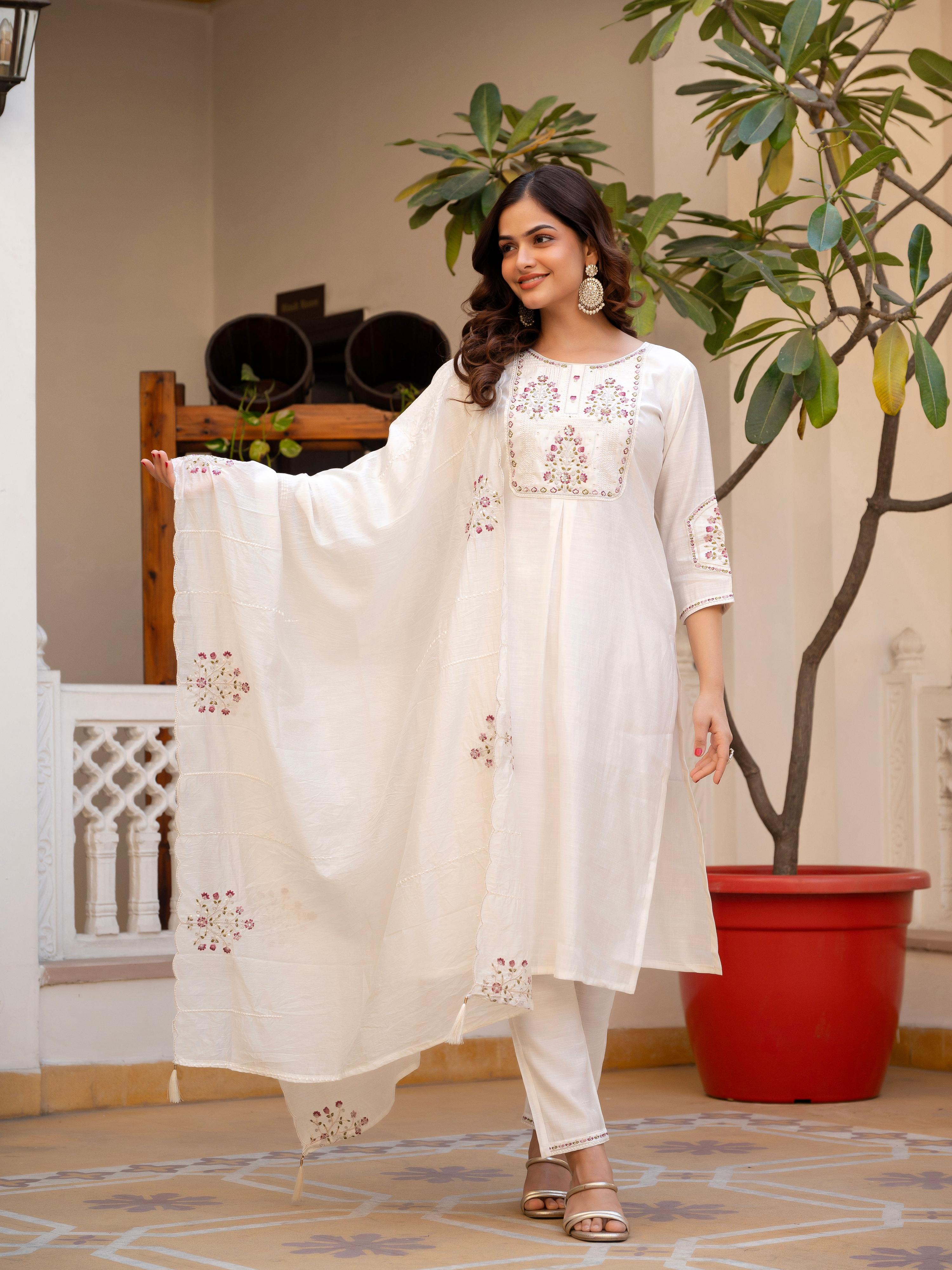 Pramukh Fab White Color Viscose Mango Silk Kurta Set