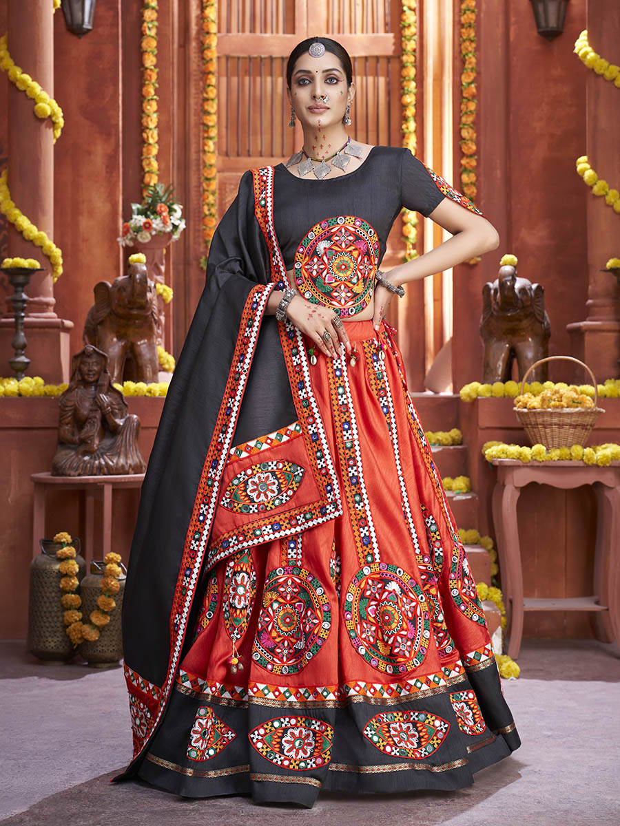 Myra Red Art Silk Gamthi Work Designer Lehenga