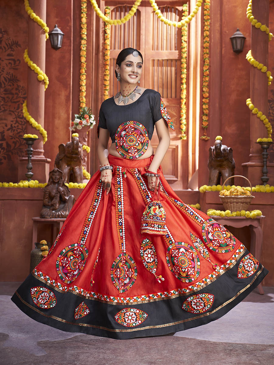 Myra Red Art Silk Gamthi Work Designer Lehenga