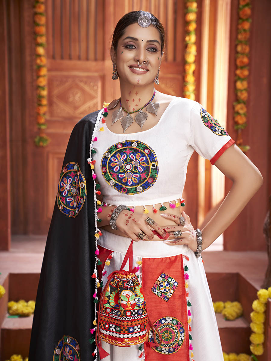 Myra White Art Silk Gamthi Work Designer Lehenga