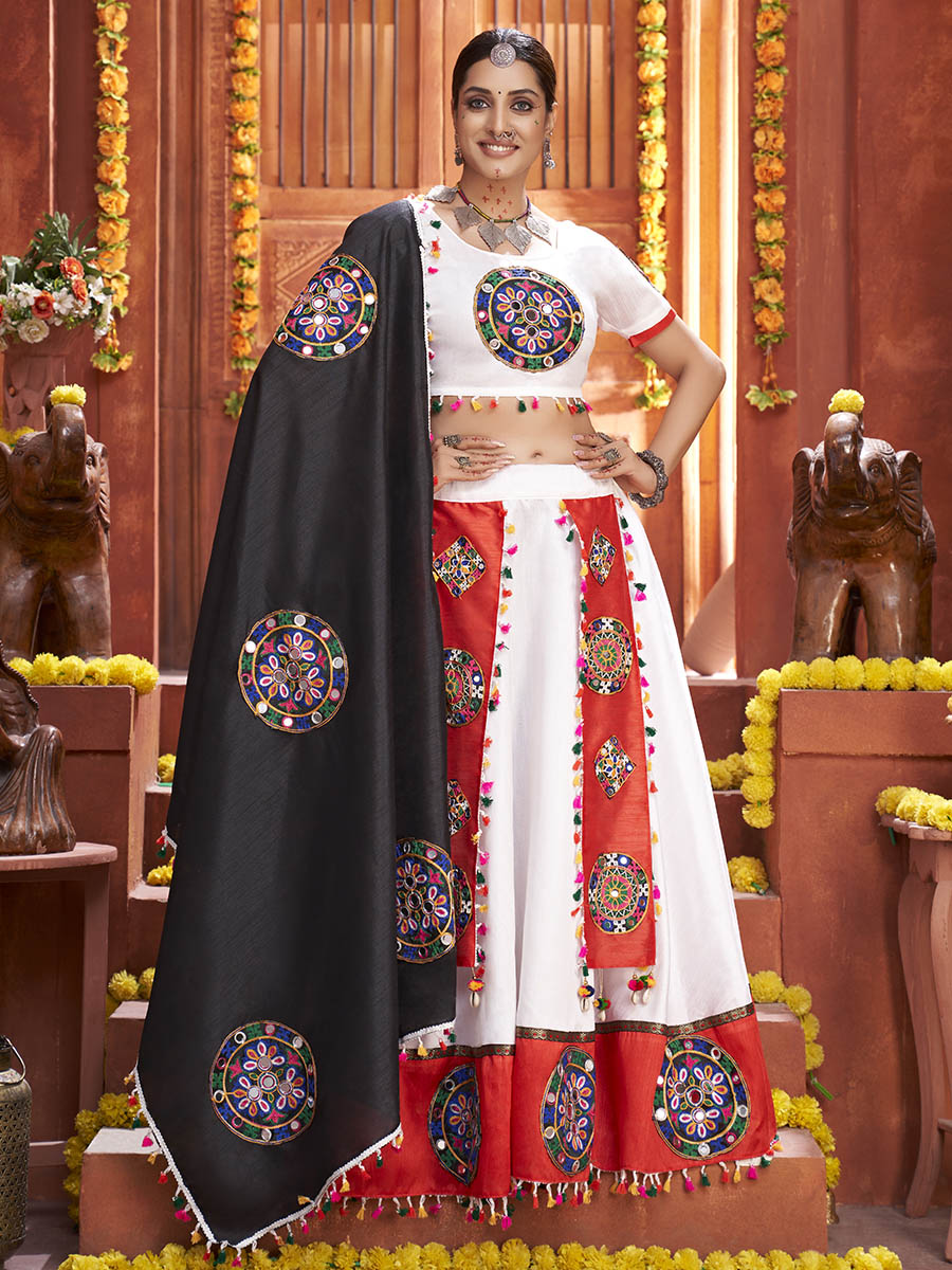 Myra White Art Silk Gamthi Work Designer Lehenga