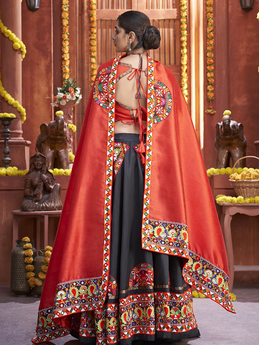 Myra Black Art Silk Gamthi Work Designer Lehenga