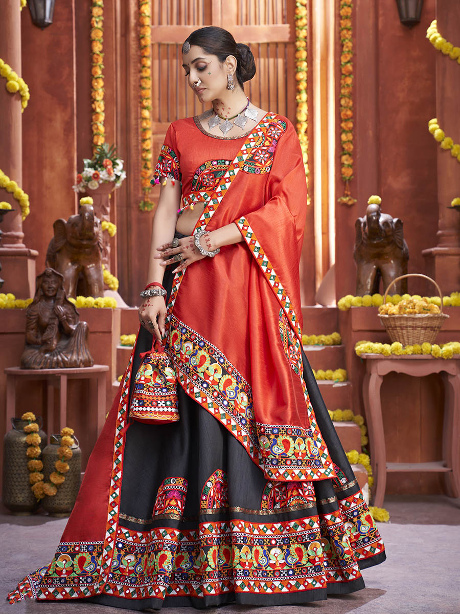 Myra Black Art Silk Gamthi Work Designer Lehenga