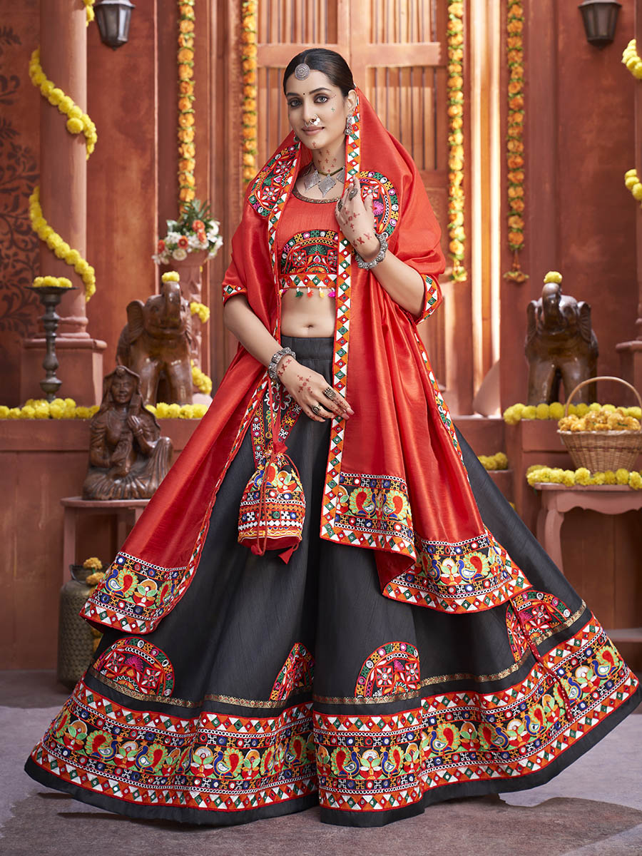 Myra Black Art Silk Gamthi Work Designer Lehenga