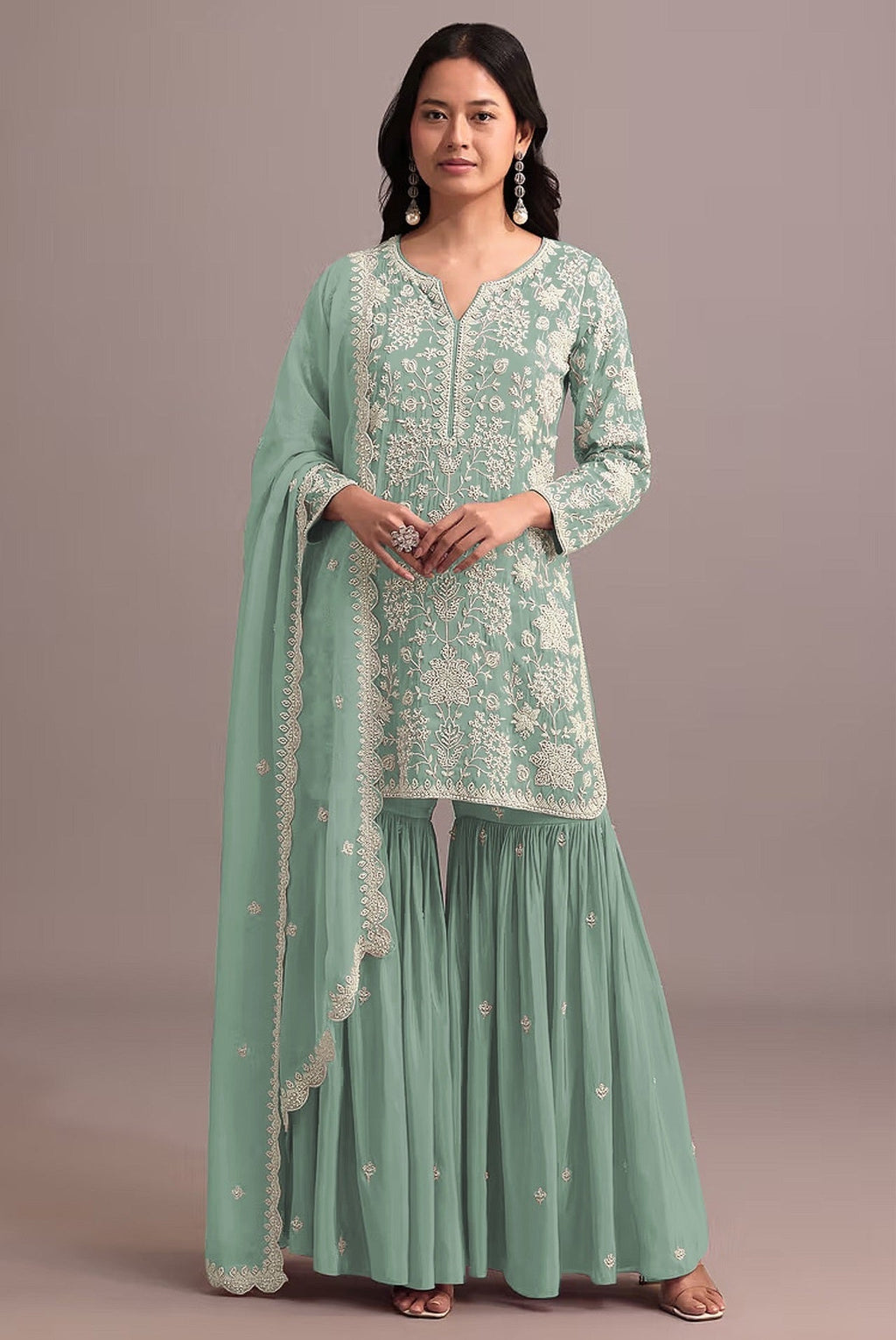 Anaita Green Embroidered Faux Georgette Sharara Suit