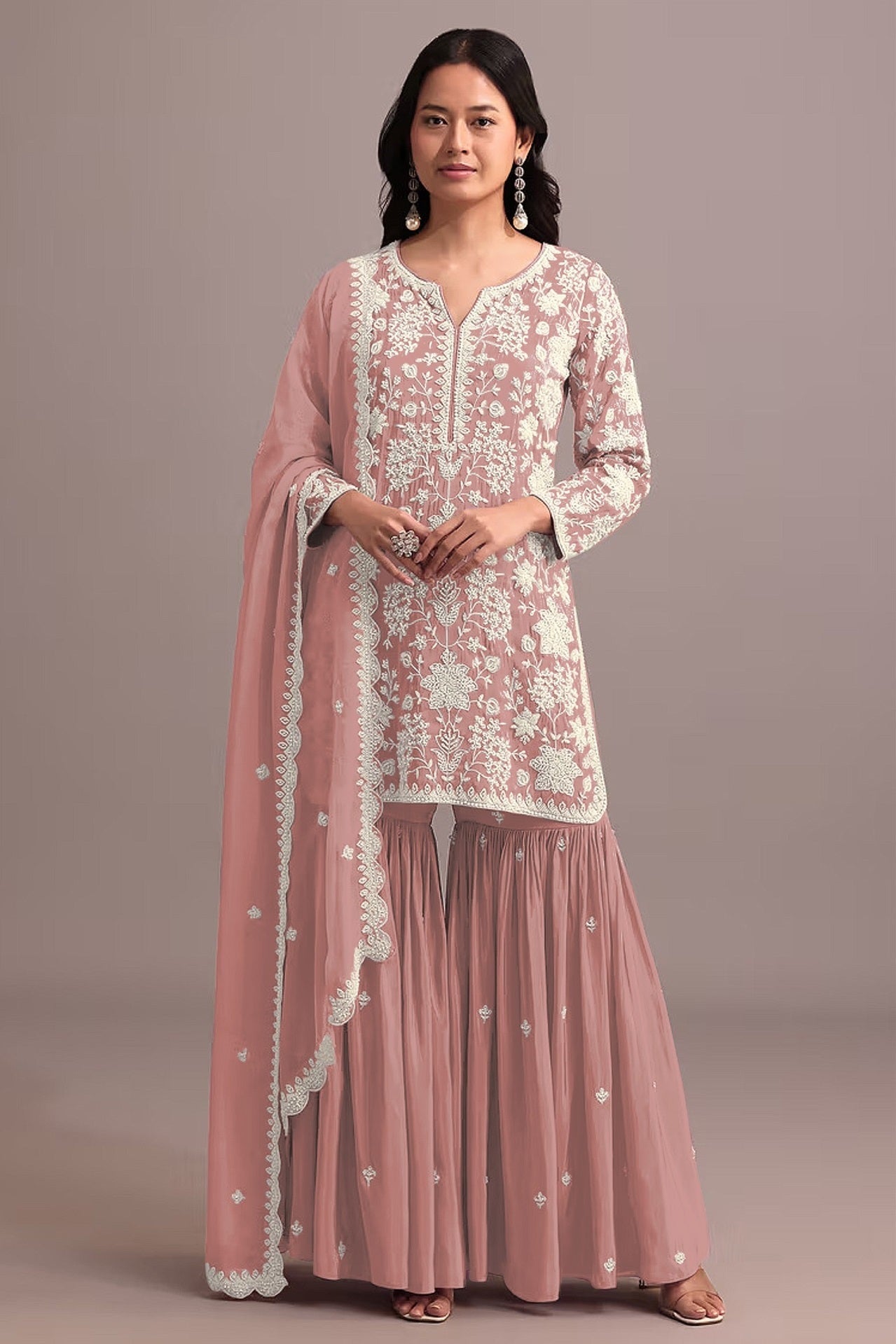 Anaita Peach Embroidered Faux Georgette Sharara Suit