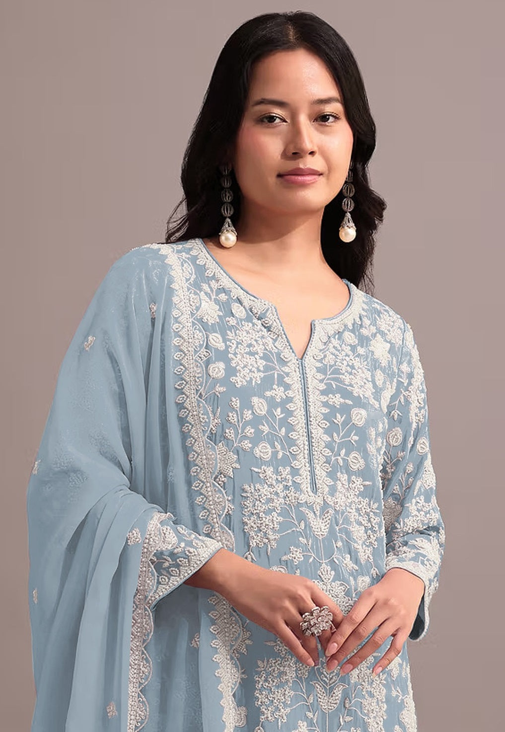 Anaita Sky Blue Embroidered Faux Georgette Sharara Suit