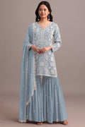 Anaita Sky Blue Embroidered Faux Georgette Sharara Suit