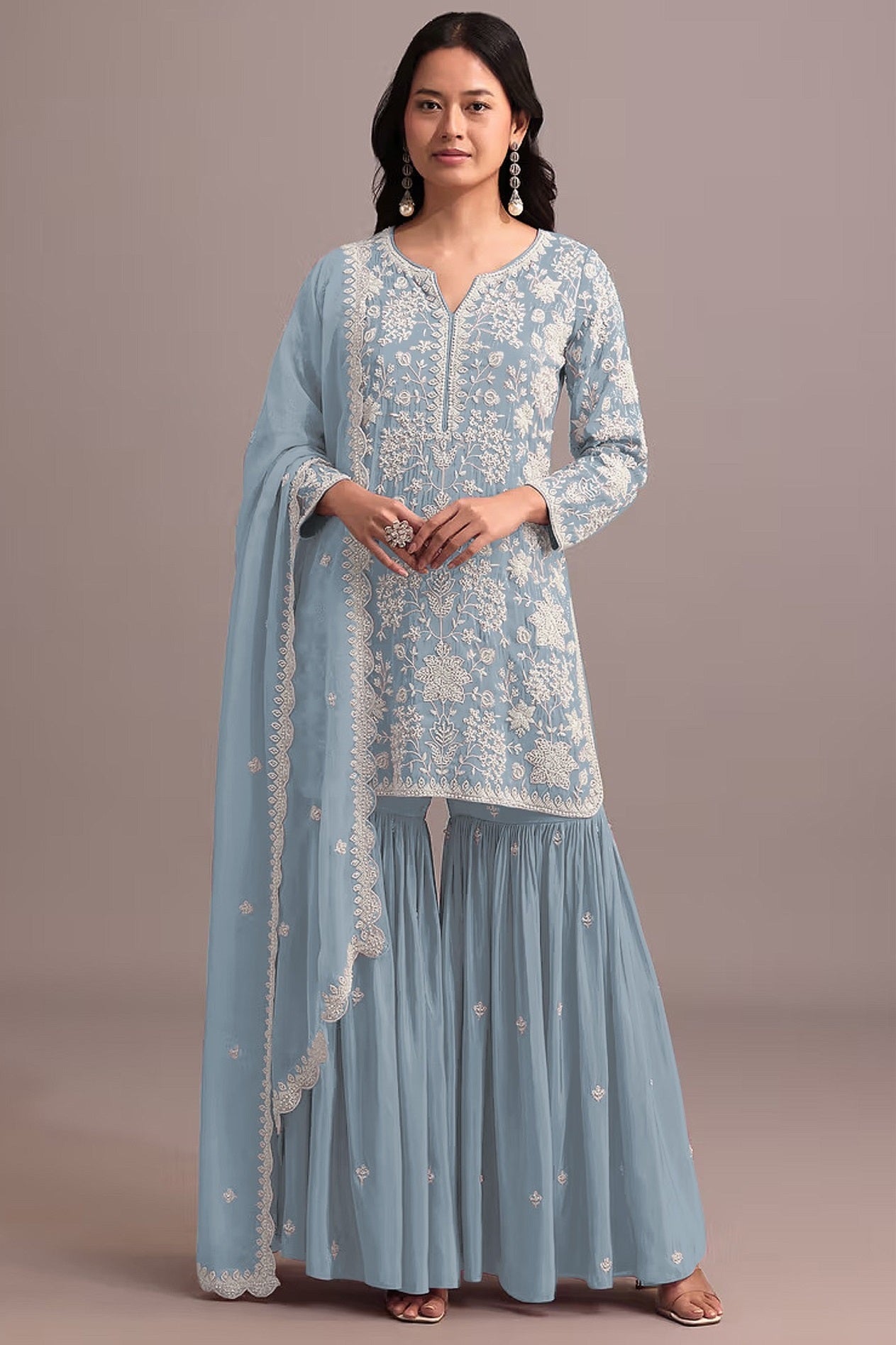 Anaita Sky Blue Embroidered Faux Georgette Sharara Suit