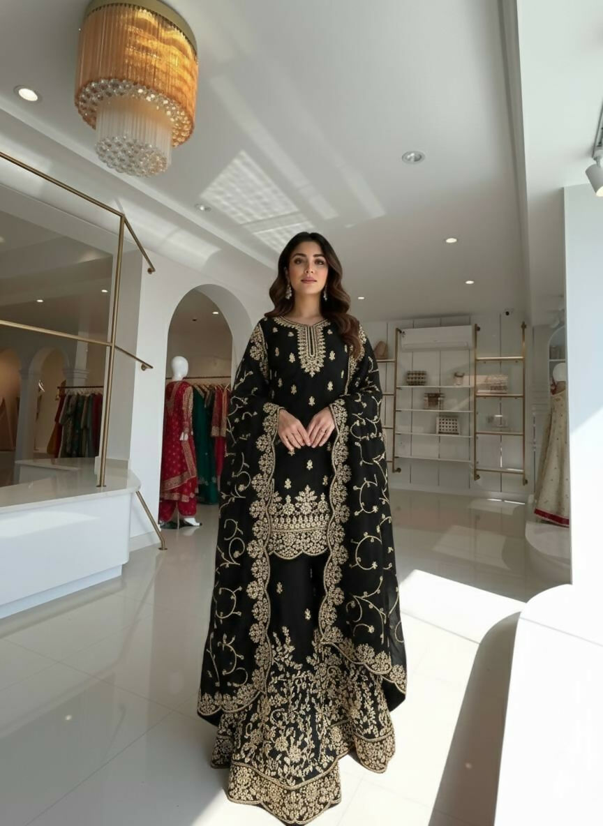 Teeya Creation Black Pure Silk Gimmy Silk Heavy Embroidery Work Wedding Wear Palazzo Pair