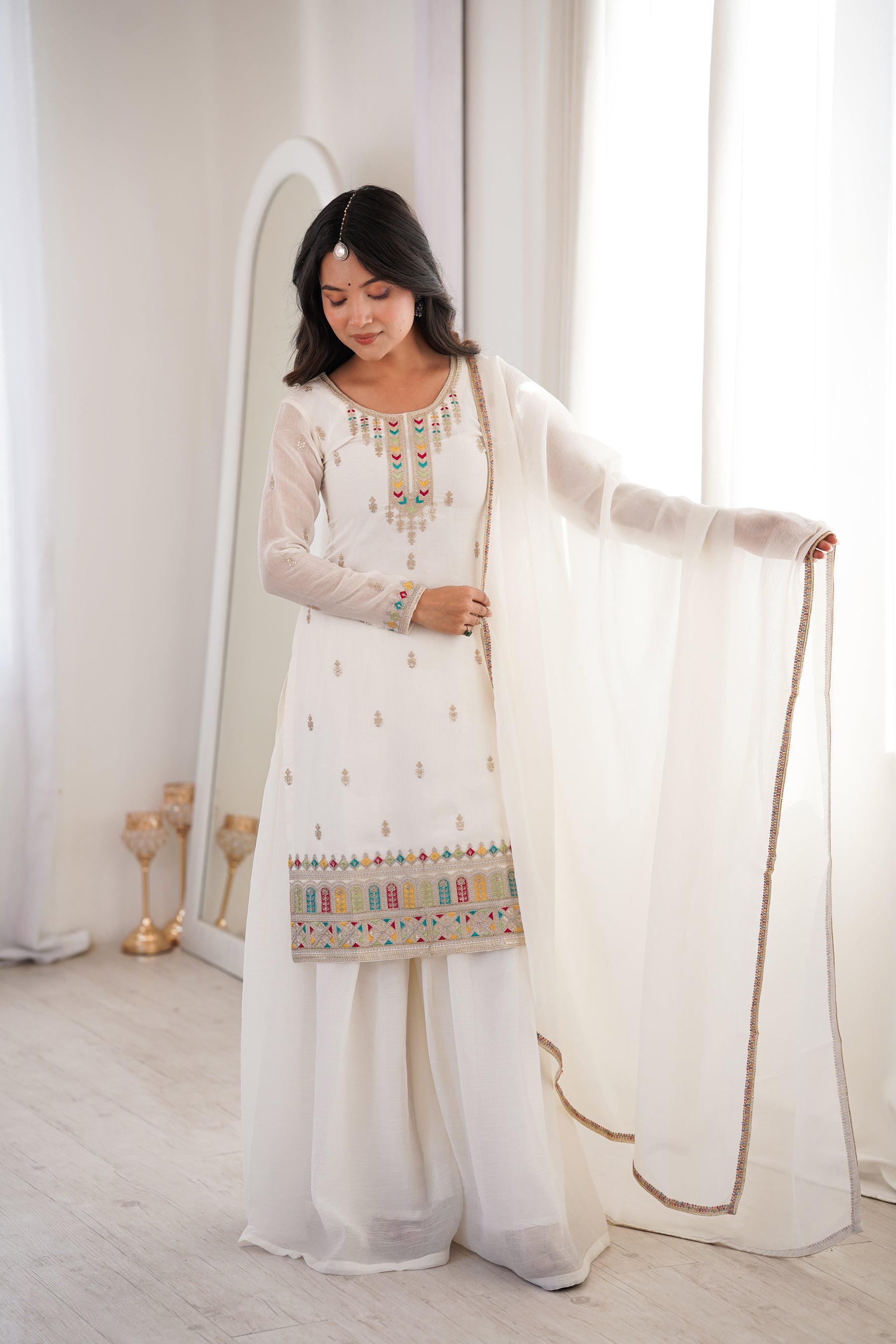 Lorenvalley Fashion White Crunchy Silk with Embroidery Sequence, Dori, Jari Work Kurta Palazzo with Dupatta