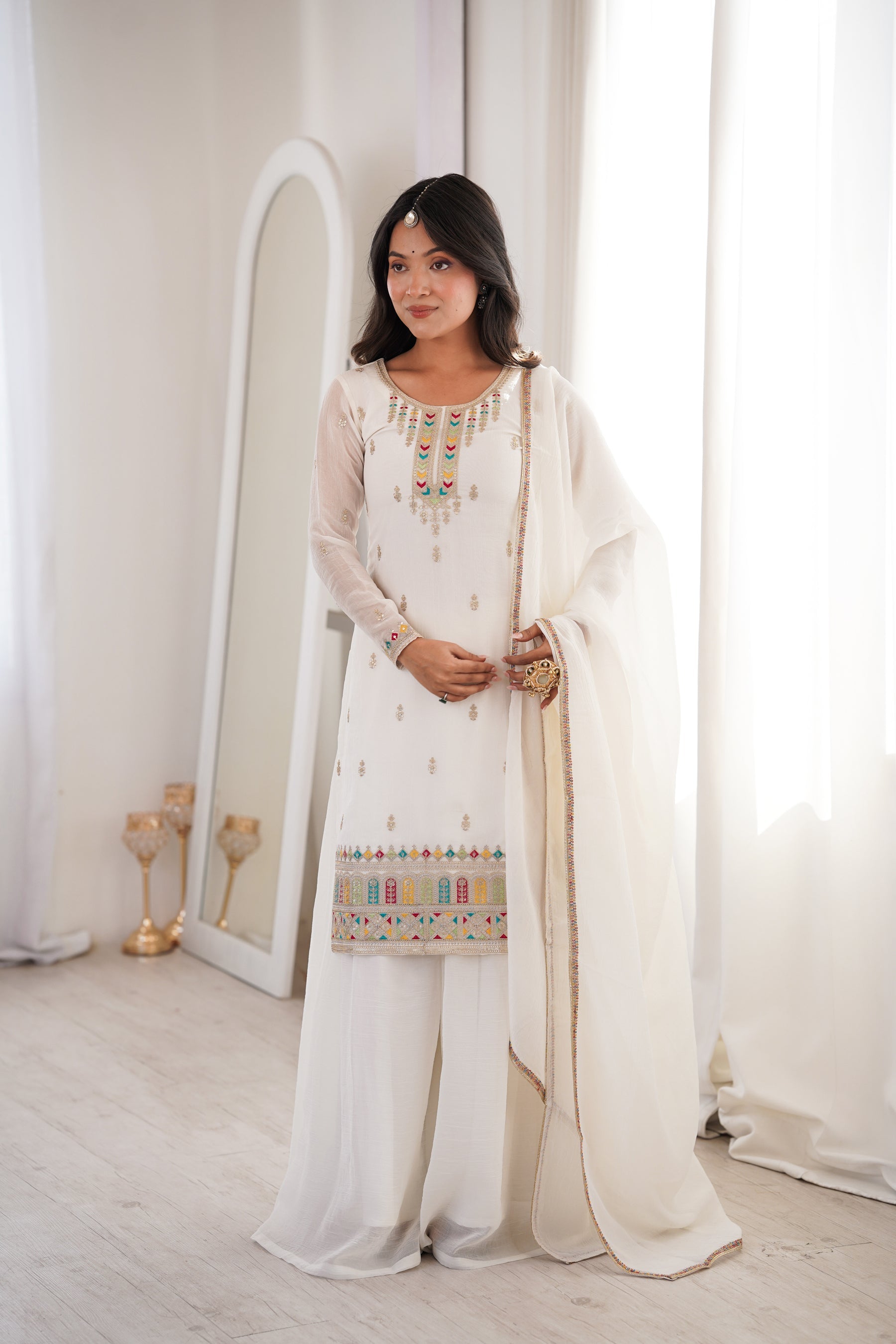 Lorenvalley Fashion White Crunchy Silk with Embroidery Sequence, Dori, Jari Work Kurta Palazzo with Dupatta