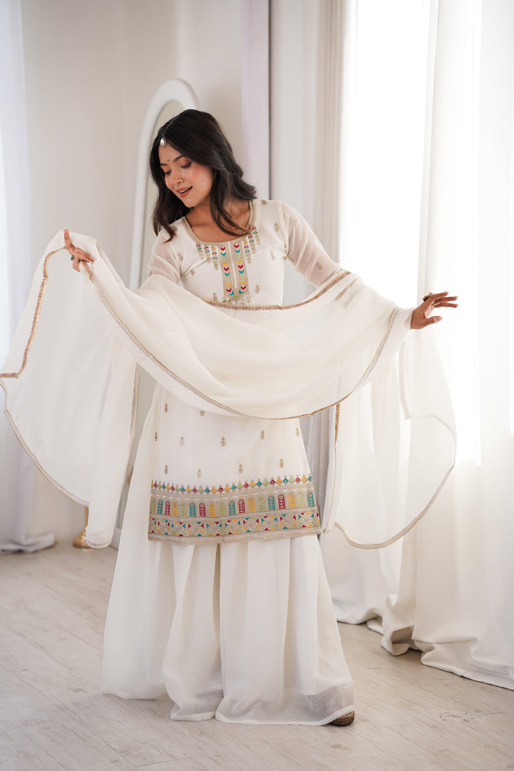 Lorenvalley Fashion White Crunchy Silk with Embroidery Sequence, Dori, Jari Work Kurta Palazzo with Dupatta