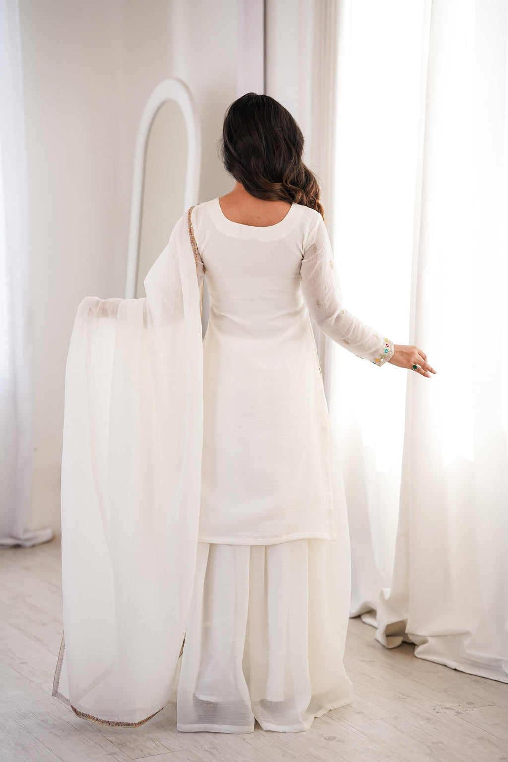 Lorenvalley Fashion White Crunchy Silk with Embroidery Sequence, Dori, Jari Work Kurta Palazzo with Dupatta
