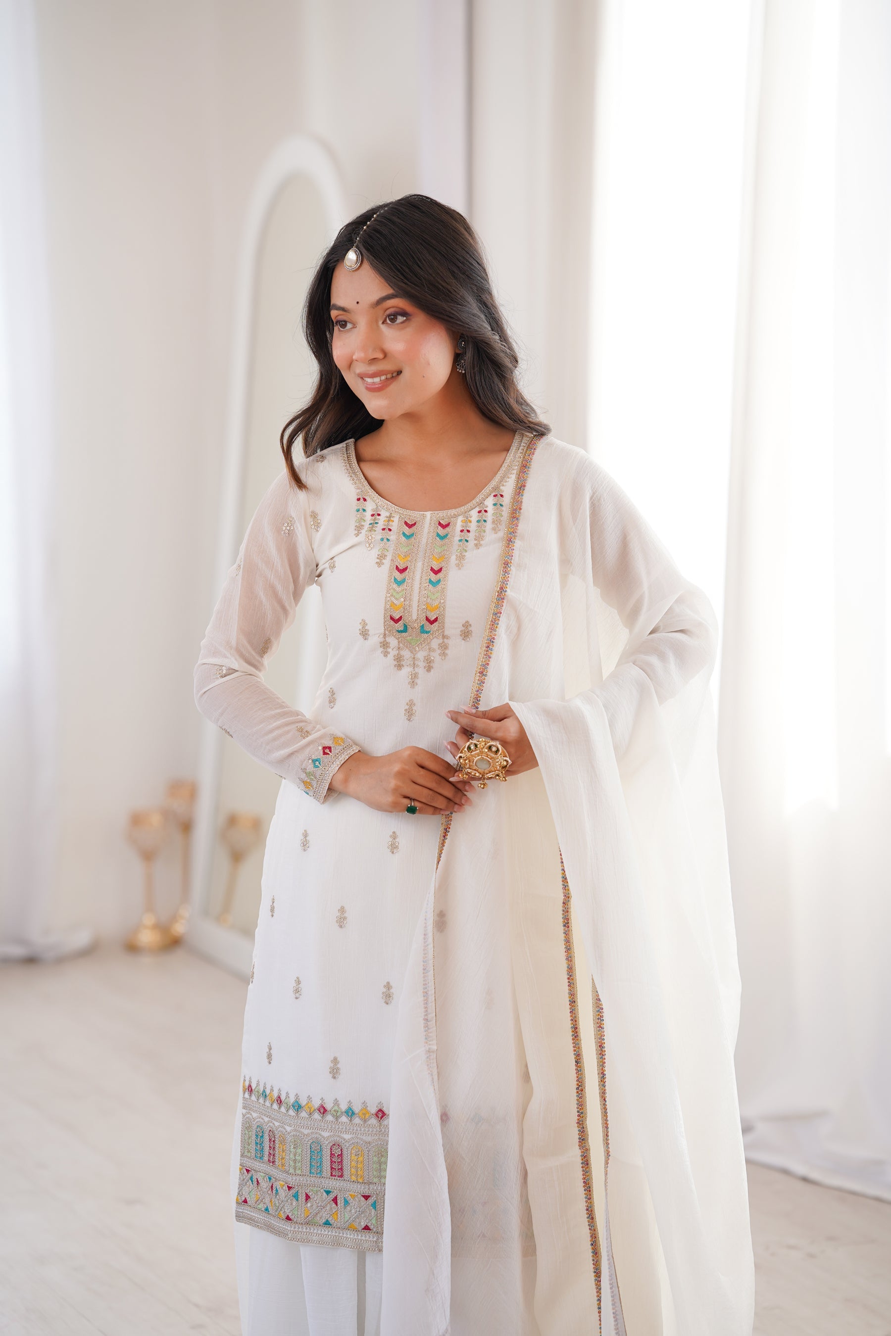 Lorenvalley Fashion White Crunchy Silk with Embroidery Sequence, Dori, Jari Work Kurta Palazzo with Dupatta