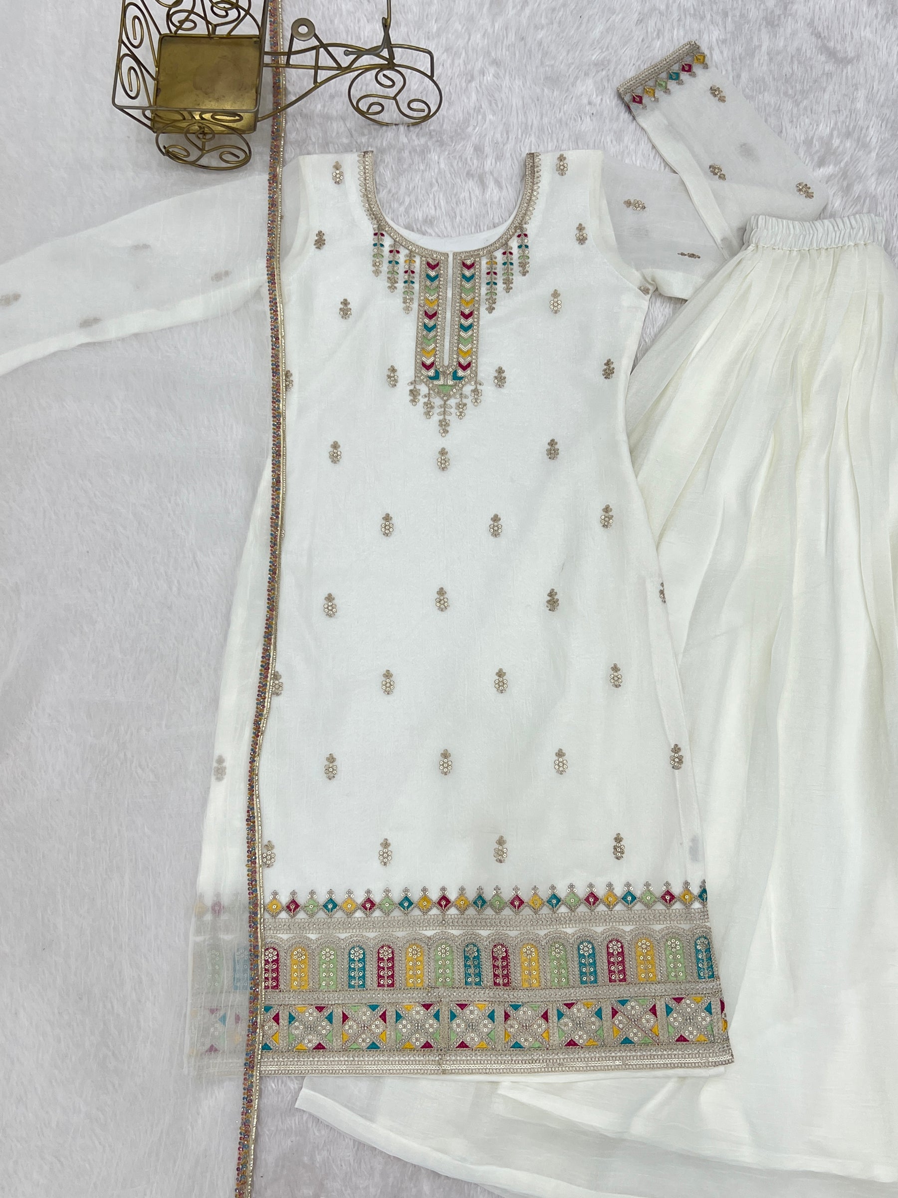 Lorenvalley Fashion White Crunchy Silk with Embroidery Sequence, Dori, Jari Work Kurta Palazzo with Dupatta