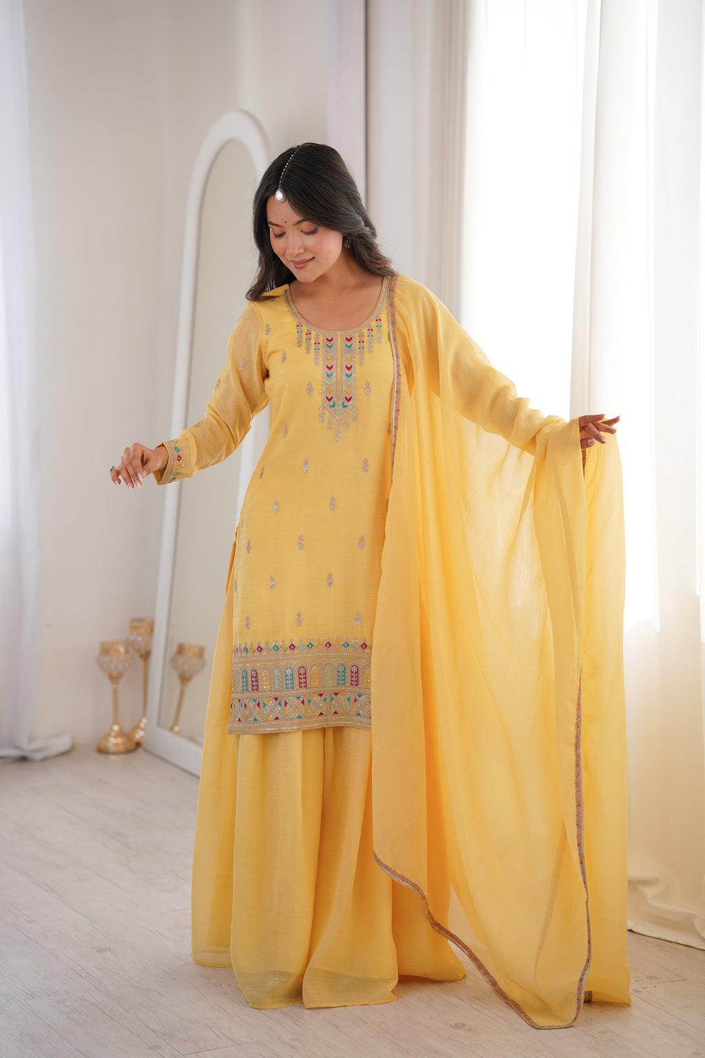 Lorenvalley Fashion Yellow Crunchy Silk with Embroidery Sequence, Dori, Jari Work Kurta Palazzo with Dupatta