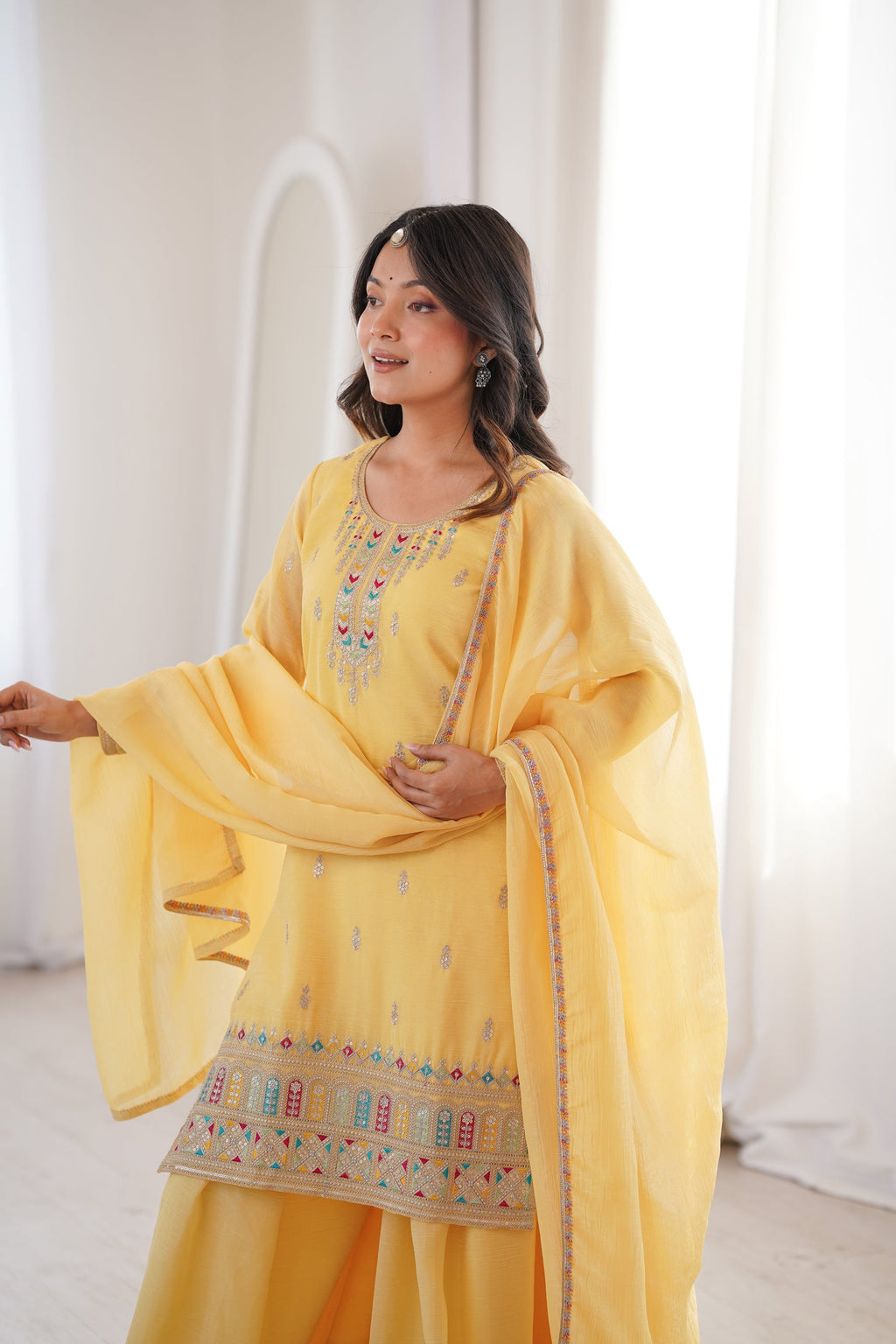 Lorenvalley Fashion Yellow Crunchy Silk with Embroidery Sequence, Dori, Jari Work Kurta Palazzo with Dupatta