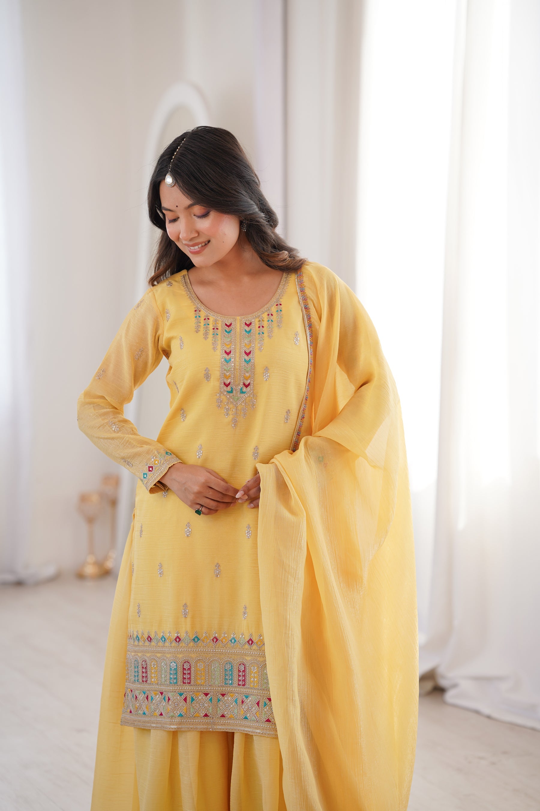 Lorenvalley Fashion Yellow Crunchy Silk with Embroidery Sequence, Dori, Jari Work Kurta Palazzo with Dupatta