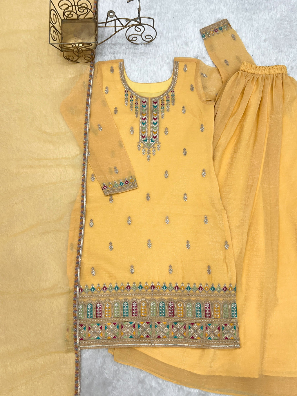 Lorenvalley Fashion Yellow Crunchy Silk with Embroidery Sequence, Dori, Jari Work Kurta Palazzo with Dupatta