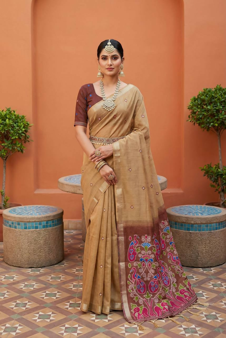 Vastranavya Cream Muga Cotton Meenakari & Azarakh Pallu Saree with Contrast Blouse