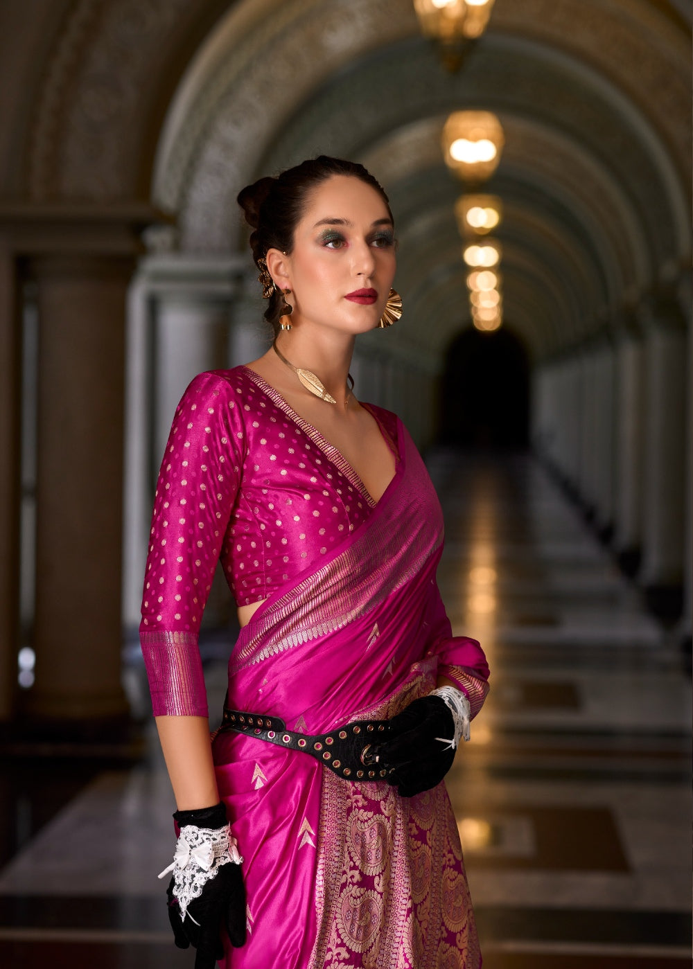 Anaita Magenta Silk Tissue Zari Weaving Work Saree With Blouse Piece