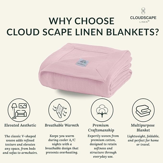 Cloud Scape Linen 100% Cotton Blanket King Size for Bed – Lightweight Summer Blanket, Herringbone Weave,fits California King Size Bed, 92x108,Seashell Pink
