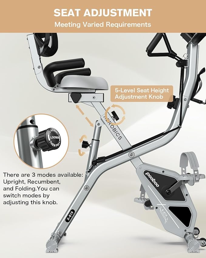 pooboo Folding Exercise Bike, Foldable Upright Stationary Bike, Indoor Cycling Magnetic X-Bike with 8-Level Adjustable Resistance, 6.6 LBS Flywheel, 300LB Capacity, Bottle Holder & Back Support Cushion for Home Gym