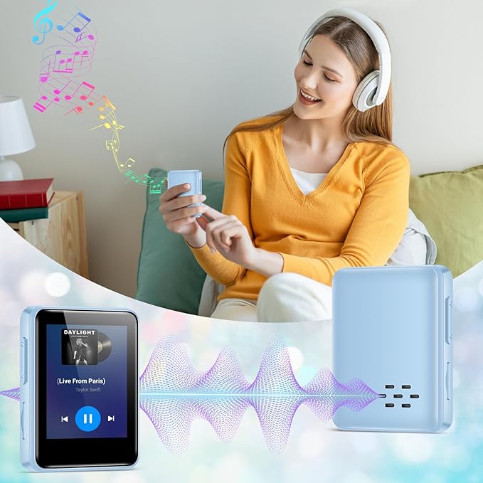 32GB MP3 Player with Bluetooth, 1.8 inch Screen, with FM Radio, Recorder, Portable Sport HiFi Music Player Up to 512GB, Blue