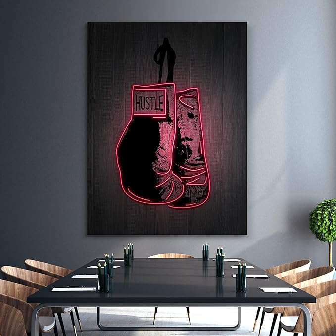 Boxing Gloves Neon Canvas Print Motivational Canvas Print Wall Art Office Decor, Entrepreneur Motivation, Hustle Artwork, Boxing Neon Print, Fighter Gym Sign, Hustler Art Neon Sign (36" x 24")