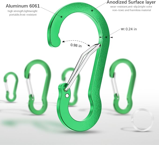 sprookber 3.2 Inch Aluminum Carabiner Clips D Ring, Caribeaner Spring Snap Hook with Keychain for Camping, Hiking, Gym & Outdoor Gear, Set of 10