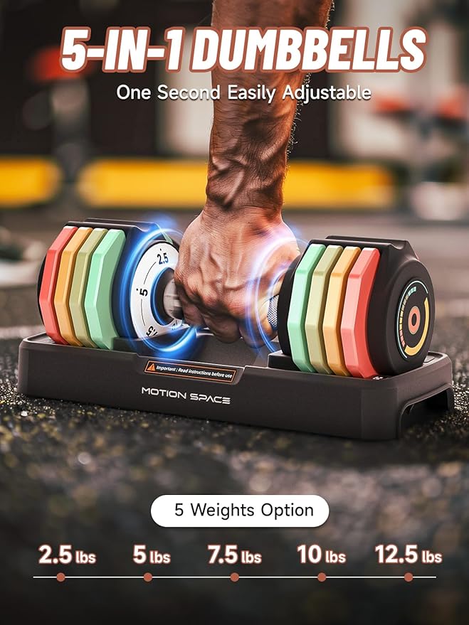 Adjustable Dumbbells Set 12.5LB/22.5LB Pair, 1-Sec Fast Adjustable 5 Weights by Turning Handle, Premium Comfort Non-slip Metal Dumbbells with Tray, Compact Size for Full Body Home Workout