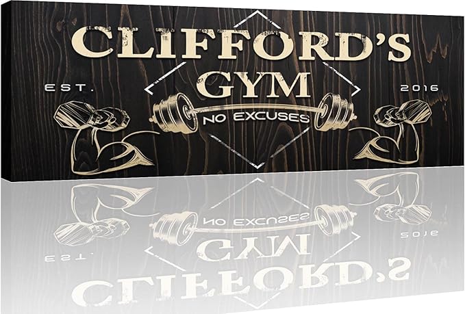 Tailored Canvases Personalized Gym Sign Wall Art Decor - Motivational Canvas for Home Gym, Workout Room, Garage, Fitness Center - Workout Inspirational Posters - Gym Name on Wooden Background, 36x12in