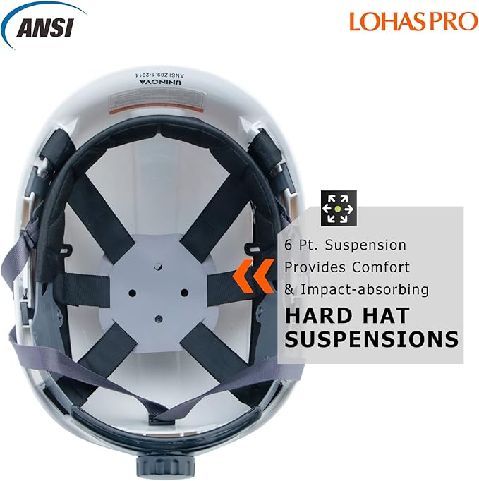 LOHASPRO Hard Hats Construction Safety Helmet with Visor ANSI Z89.1 Approved OSHA Hardhat, Vented Men White Hard Hat with Chin Strap Tree Climbing Arborist Helmet (P1 White+Clear Visor)