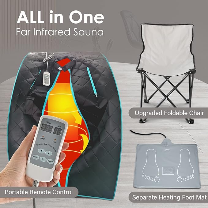 Smartmak Far Infrared Sauna, Full Body One Person Portable SPA Set with Time & Tempreture Remote Control, Heating Foot Pad and Foldable Reinforced Chair (L 27.6’’ x W 31.5’’ x H 37.8’’) - Black