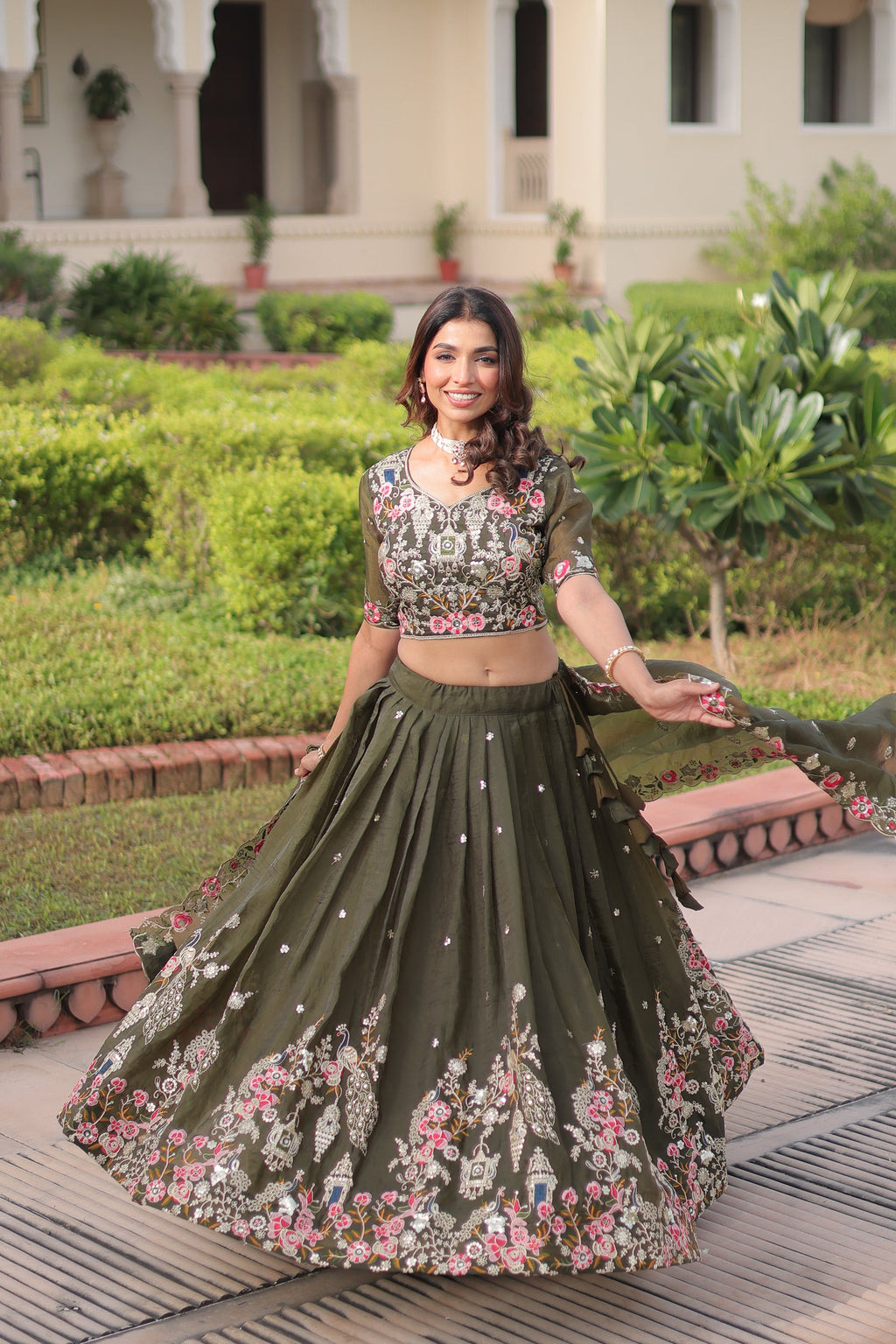 Lorenvalley Fashion Green Gold Crush With Sequins Zari And Coding Embroidered Work Lehenga Choli With Dupatta